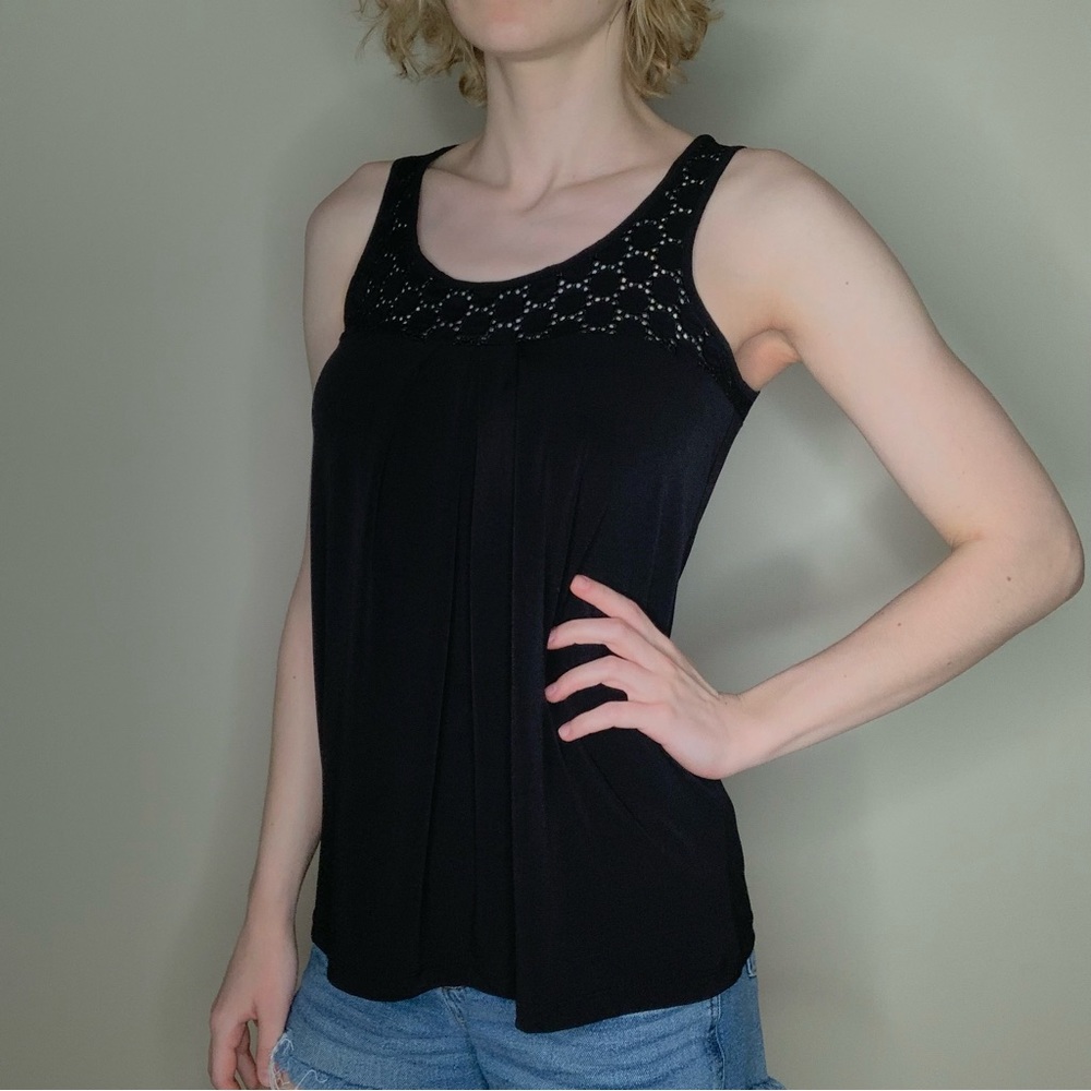 Black Tank Blouse with Eyelet Patterned Fabric at the Top Size Small
